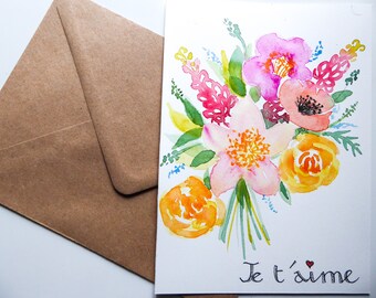 Carte postale aquarelle originale peinte à la main Bouquet Je t'aime