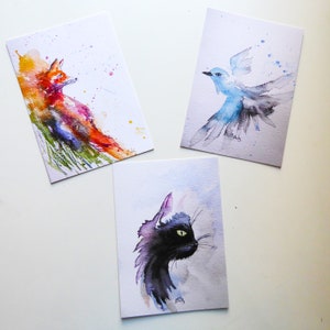 Trio de cartes postales tirées de mes aquarelles originales Le chat le renard et l'oiseau bleu