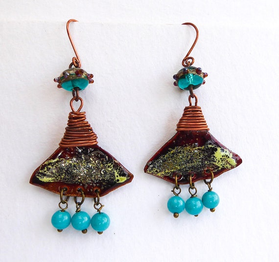 Enamelled copper earrings spun glass beads round clay polymer beads