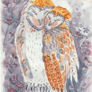 aquarelle originale peinte à la main Amour de Chouettes