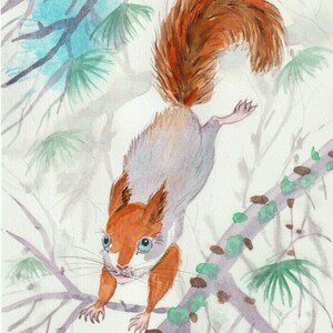 aquarelle originale peinte à la main Écureuil dans un pin