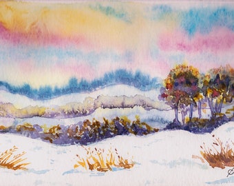 Aquarelle originale peinte à la main Ciel d'hiver sur la neige