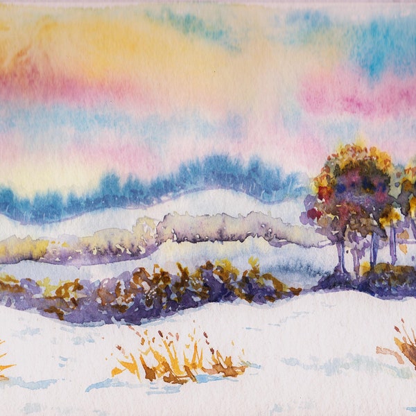 Aquarelle originale peinte à la main Ciel d'hiver sur la neige