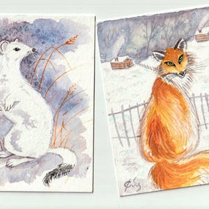 Cartes postales aquarelles originales peintes à la main Hermine et renard en hiver