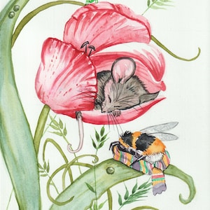 aquarelle originale peinte à la main Souris et bourdon endormis