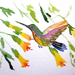 carte postale en aquarelle originale peinte à la main Colibri multicolore dans les hibiscus jaunes