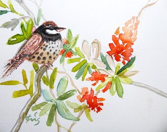 carte postale en aquarelle originale peinte à la main petit oiseau dans les fleurs orange