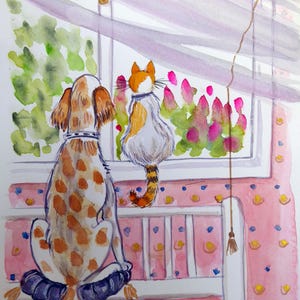 aquarelle originale peinte à la main Chien et chat à la fenêtre