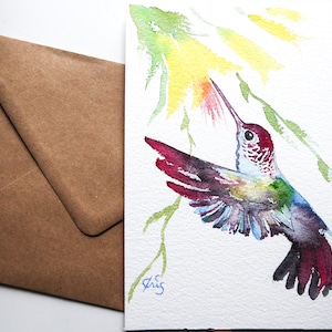 Carte postale colibri dans les fleurs jaunes en aquarelle originale peinte à la main