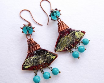 Boucles d'oreilles émaillées et perles de verre filé au chalumeau Cuivre et turquoise