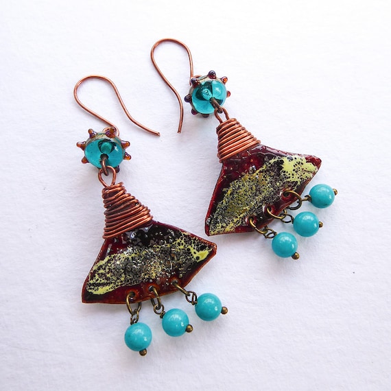 spun glass beads round clay polymer beads Enamelled copper earrings