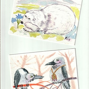 Cartes postales aquarelles originales peintes à la main Ours blanc et pies voleuses