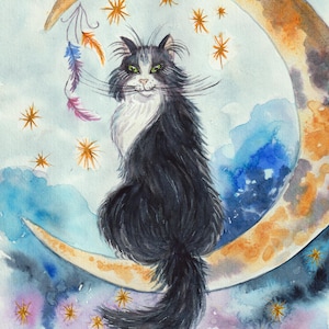 aquarelle originale peinte à la main Chat dans la lune