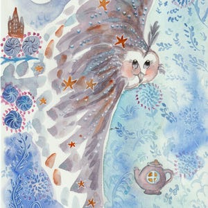 aquarelle originale peinte à la main Chouette au clair de lune