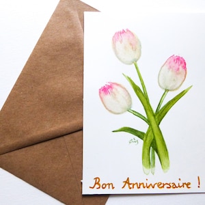 Carte anniversaire aquarelle originale peinte à la main Tulipes blanches nacrées
