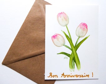 Carte anniversaire aquarelle originale peinte à la main Tulipes blanches nacrées