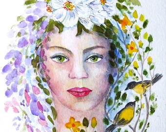 Aquarelle originale peinte à la main Femme fleur aux oiseaux