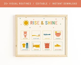 May include: A colorful printable chart with the text "Rise & Shine" and "Custom Morning Routine" with various icons representing morning routine activities such as using the toilet, brushing teeth, getting dressed, making the bed, putting on shoes, and eating breakfast.