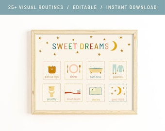 Bearbeitbares Schlafenszeit-Routinediagramm / Benutzerdefinierte Schlafenszeit-Routine / Kleinkind-Schlafenszeit-Routine / Kinder-Visuelle Schlafenszeit-Routine-Diagramm / Abend-Routine-Diagramm