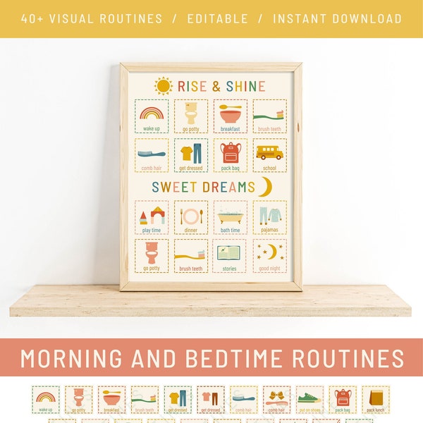 Tableau des routines du matin et du coucher / Rise and Shine / Fais de beaux rêves / Routine pour tout-petit / Modifiable / Routine personnalisée / Programme visuel pour enfants