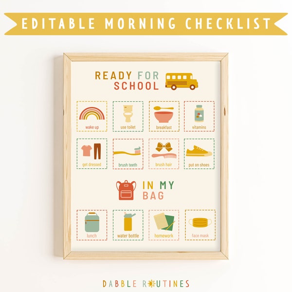 School Morning Checklist I Ready for School Morning Routine I Backpack Checklist I Visual Routine Chart I Preschool Routine I Kindergarten