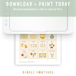 May include: A printable chart with colourful icons and text for a daily routine. The chart includes categories for phonics, letters, numbers, science, maths, handwriting, health, and STEM.