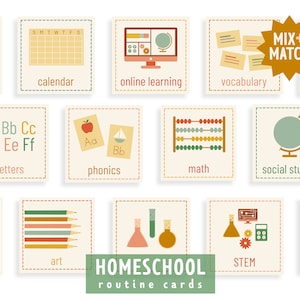 May include: A set of 12 colourful homeschool routine cards with illustrations and text. The cards include subjects like language, calendar, online learning, vocabulary, letters, phonics, maths, social studies, writing, art, STEM, and health.
