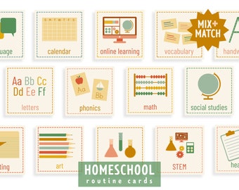 May include: A set of 12 colorful homeschool routine cards with illustrations and text. The cards include subjects like language, calendar, online learning, vocabulary, letters, phonics, math, social studies, writing, art, STEM, and health.