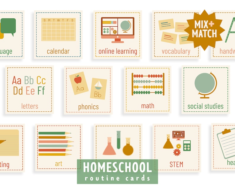 May include: A set of 12 colourful homeschool routine cards with illustrations and text. The cards include subjects like language, calendar, online learning, vocabulary, letters, phonics, maths, social studies, writing, art, STEM, and health.
