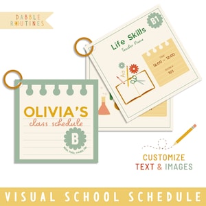 May include: A visual school schedule with two notepads. One notepad reads "OLIVIA'S class schedule" and the other says "Life Skills". The design includes illustrations of school supplies and the text "CUSTOMIZE TEXT & IMAGES".