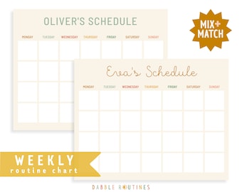 May include: Two blank weekly schedule charts with the names Oliver and Eva at the top. The charts are divided into seven days of the week with a space for each day. The charts are on a cream background with a yellow banner at the bottom that says "WEEKLY routine chart".