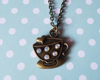 Coffee necklace, Teacup necklace, Pendant necklace, Sparkle pendant, Coffee lover gift, Coffee, Coffee drinker