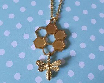Gold Bienenwabe-Halskette - Niedliche Bienen-Anhänger Schmuck, Natur-Liebhaber-Geschenk, vergoldete Kette, Honigbienen-Halskette