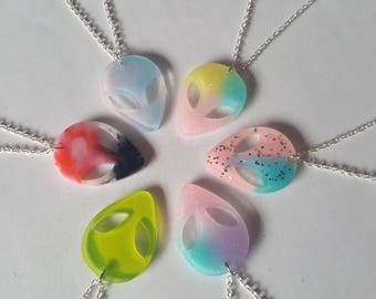 Alien Necklace | Cute Resin Pendant | Silver Chain | UFO & Space Lover Gift