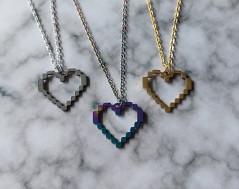 Pixel Heart Necklace - Stainless Steel Pendant, Gamer Jewelry, Cute Geeky Accessory, Gift for Her, Retro Pixel Art