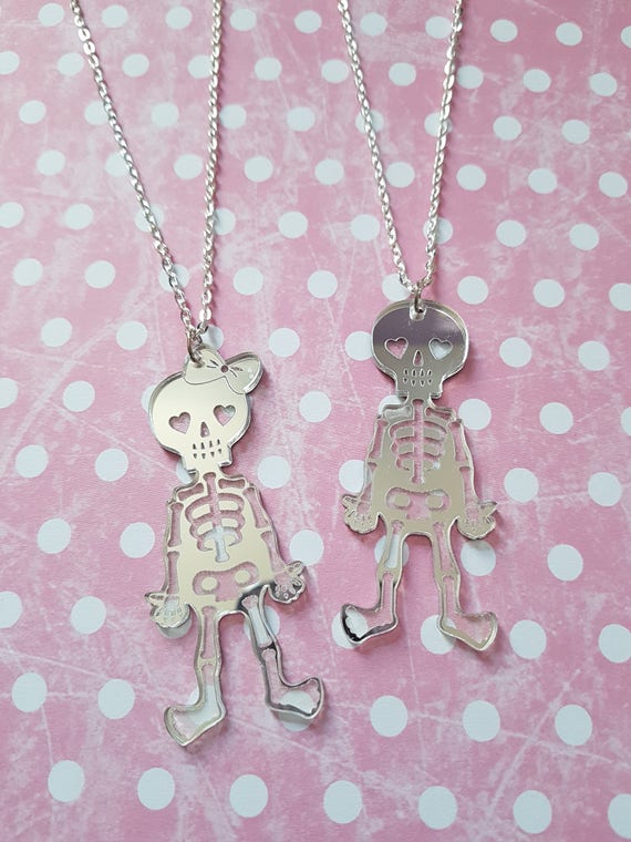 Mirrored Skeleton Necklace | Cute Spooky Acrylic Pendant | Silver Chain | Halloween & Gothic Jewelry