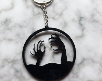 Zombie Hands Keyring | Laser-Cut Acrylic Pendant | Spooky & Gothic Accessory | Silver Tone Split Ring | Halloween Gift