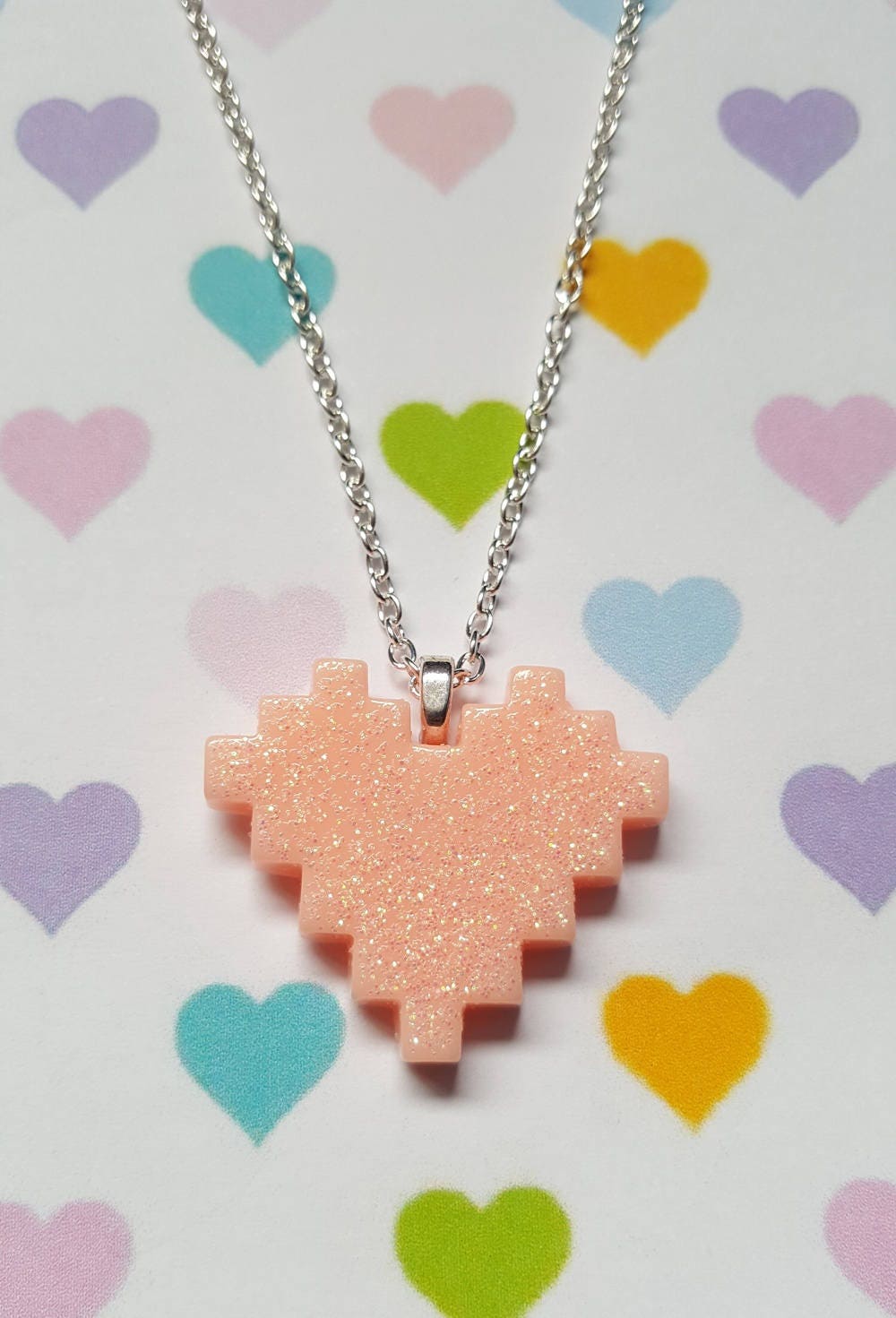 Pixel Heart Necklace, Glitter Pendant, Heart Pendant, Pendant