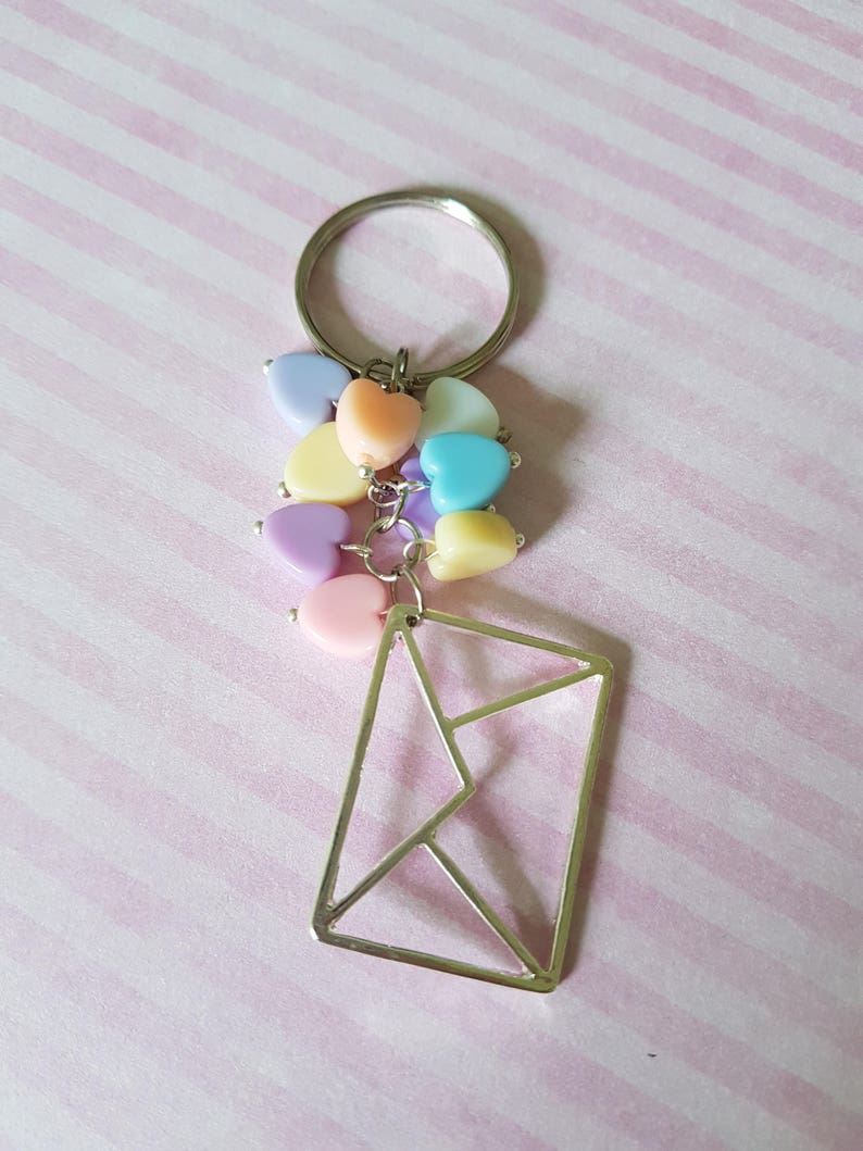 Love letters keyring, Beaded keyring, Hearts, Heart beads, Pastels, Pastel hearts, Pastel beads, Keyring, Bagcharm, Letter, Envelope image 1