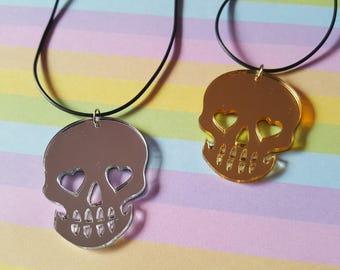 Spiegel schedel ketting, Spiegel schedel hanger, Gespiegelde ketting, Alternatief, Halloween, Schedel, Spiegel schedel, Goth, Emo, Punk