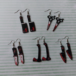 horror earrings, bloody horror earrings, halloween earrings, horror, horror lover, horror fan gift, axe, knife, cleaver, scissors