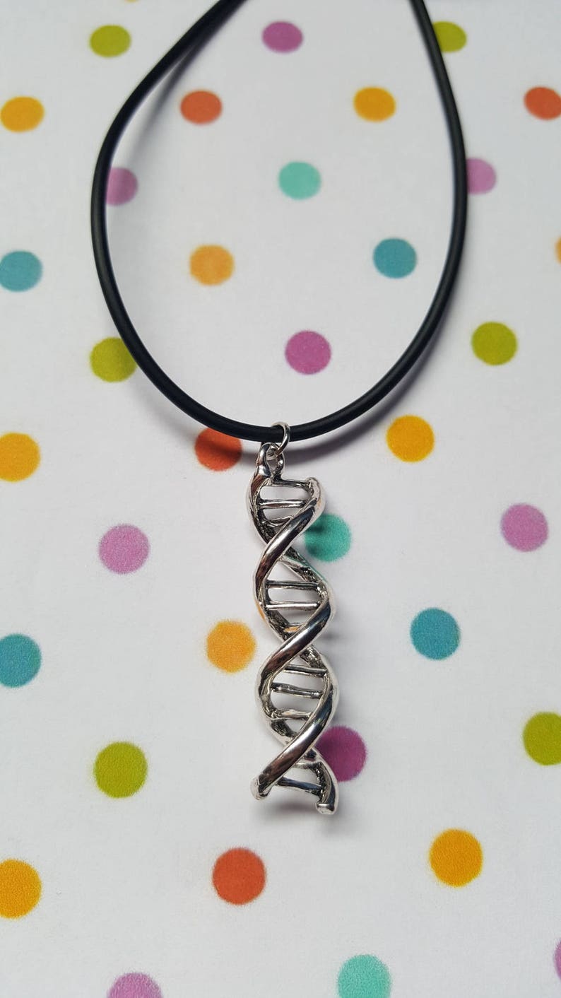 DNA helix necklace, DNA helix pendant, Pendant necklace, Science, Geek, Nerdy, Geek chic, Gifts for geeks, Science lovers, DNA, Helix Black Rubber Cord