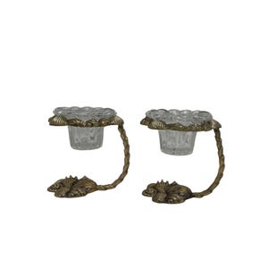 Vintage Brass Shell Candlestick Holder Stands with Glass Inserts- A Pair
