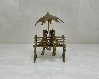 Vintage Brass Frog Couple on Bench Under Umbrella