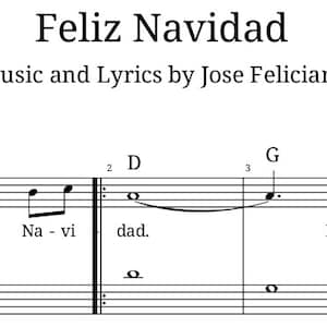 Könnte beinhalten: Notenblatt für das Lied "Feliz Navidad" von José Feliciano. Die Musik ist in C-Dur geschrieben und für Akkordeon arrangiert. Der Text ist unter der Musik abgedruckt.
