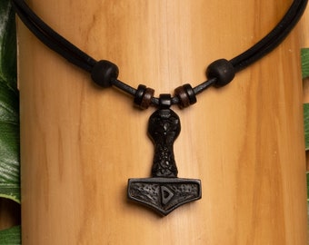 Thor Hammer Leather Man Woman Surfer Viking Celtic Handmade Adjustable Black Pendant Necklace Jewelry Jewellery Odin HANA LIMA ®