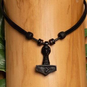 Thor Hammer Leather Man Woman Surfer Viking Celtic Handmade Adjustable Black Pendant Necklace Jewelry Jewellery Odin HANA LIMA ®