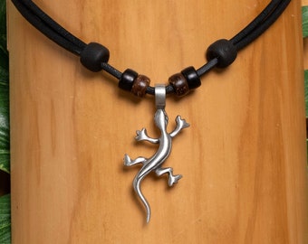 Surfer Leather Mens Womens Beach Metal Gecko Pendant Necklace HANA LIMA ®