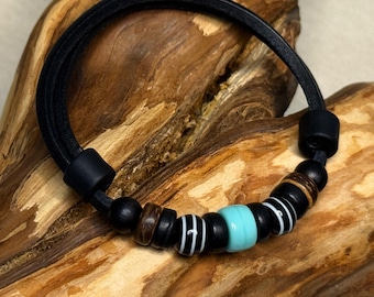 Surfer Leather Men's Women's Beach Summer Arm Adjustable Black Turquoise Bracelet Wristband Wristlet handmade by HANA LIMA ®