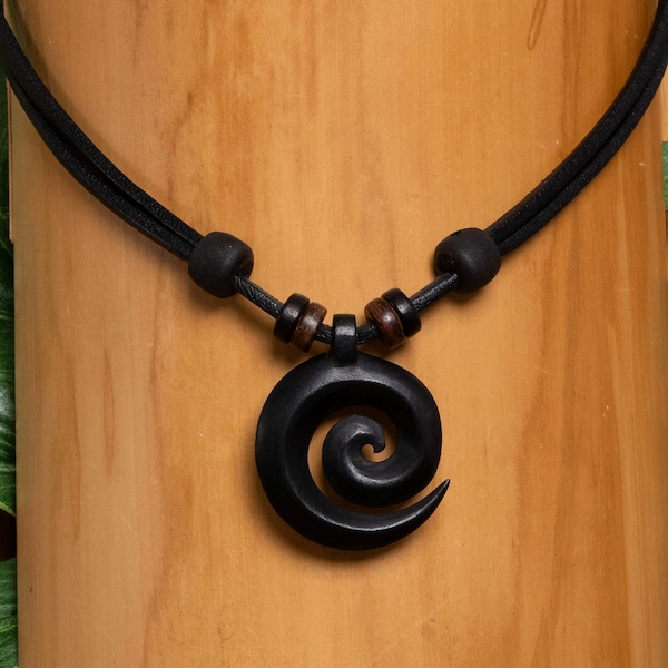 Surfer Leather Man Woman Beach Surf Style Maori New Zeeland Necklace Jewelry Wood Carving Koru Black Adjustable Handmade By HANA LIMA ®